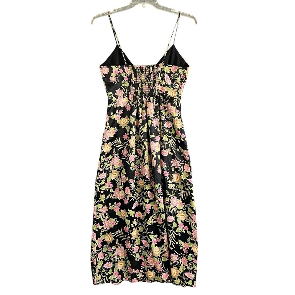 NSR Maxi Dress Satin Polyester Floral Black Pink Green Side Slit Size Small - Picture 3 of 12